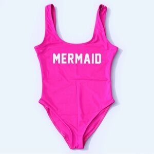 One Piece Swimsuit Mermaid Neon Pink Graphic Womens Medium High Cut Magenta